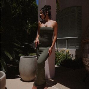 Elegant Olive Green Strapless Maxi Dress